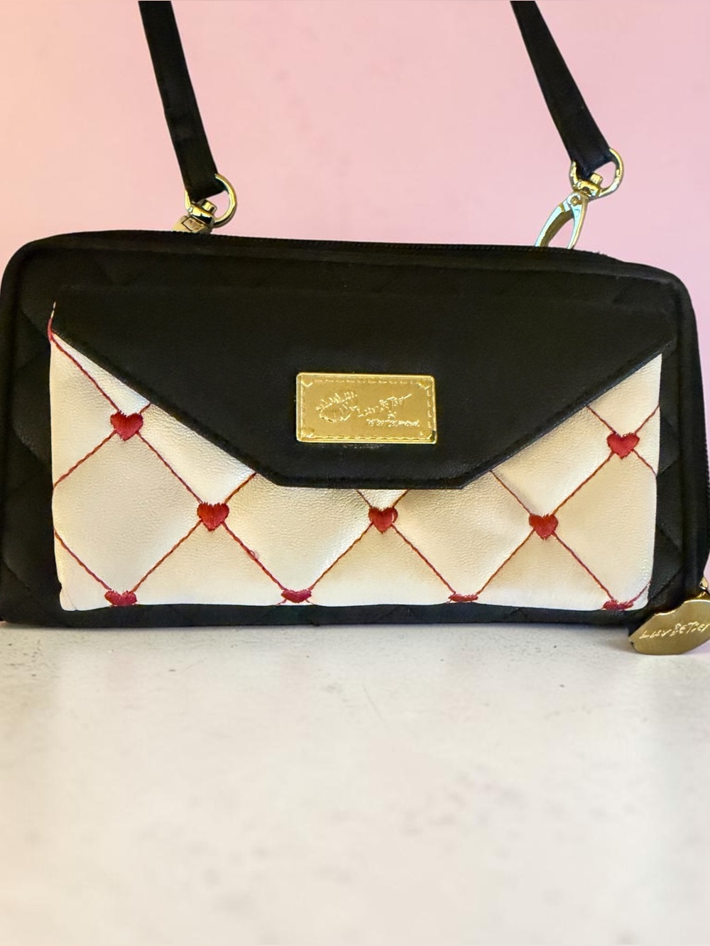 Designer-Inspired Black and Cream Heart Quilted Crossbody Bag